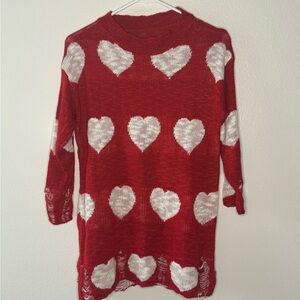 Distressed Red Heart Patterned Sweater